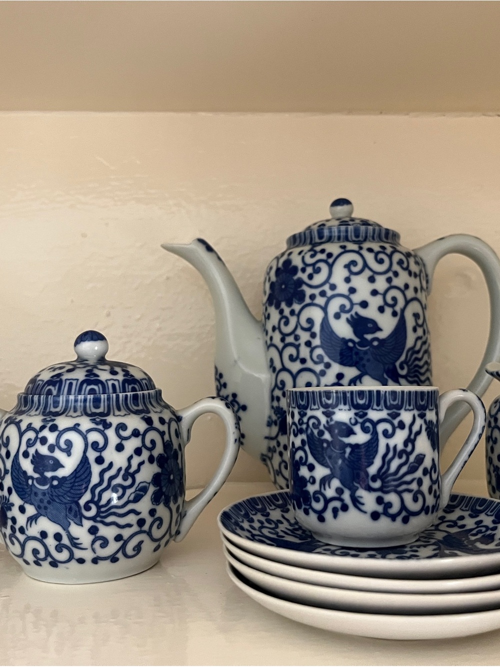 Vintage Blue & White Porcelain Phoenix Tea Set - Made in Japan (12pc)